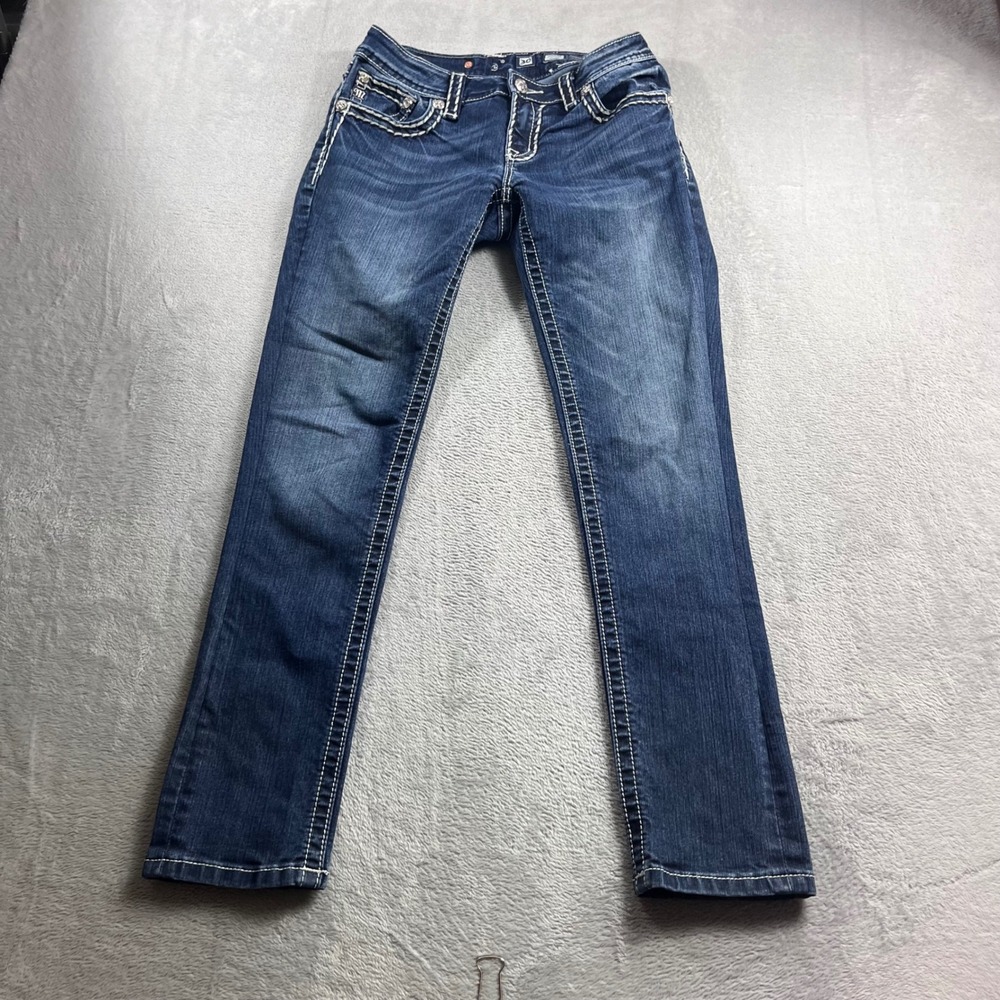 Miss Me Signature Skinny Jeans Dark Wash Rhinestone Stitching Womens 30